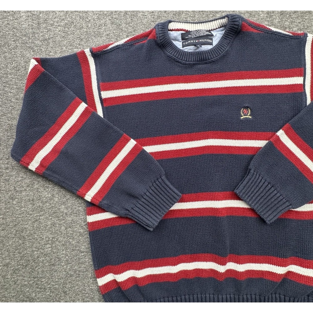 Tommy Hilfiger Mens L Striped Cotton Knit Crewneck Sweater Vtg Blue Red Ivy Prep